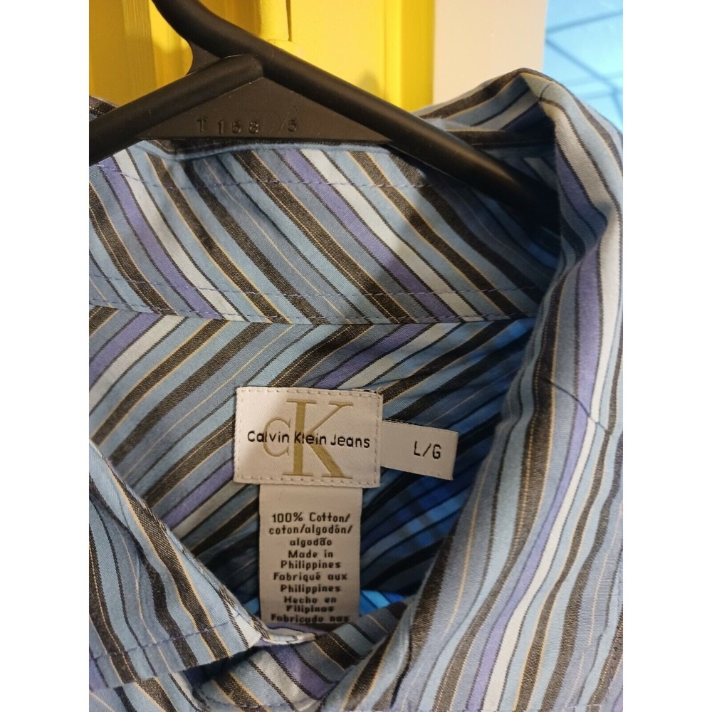 calvin klein L mens dress shirt Blue Gray Purple Brown Chevron French cu… - Picture 2 of 8